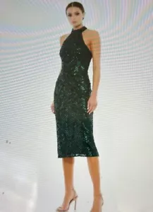 Mac Duggal Gown Dress Size 10 Green Halter Sequin Embellished Midi 5535 NEW NWT - Picture 1 of 9