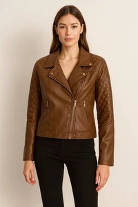 New Look  Brown Women's Faux Leather Motorcycle Jacket Sz XL - Picture 1 of 7