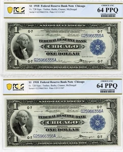 (2) Consecutive 1918 $1 Chicago Federal Reserve Banknotes - PCGS 64 PPQ - Fr.728 - Picture 1 of 2