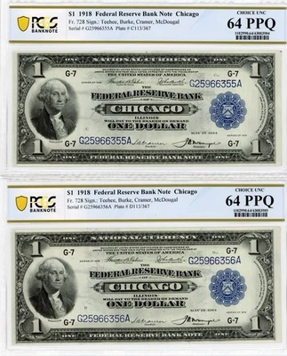 (2) Consecutive 1918 $1 Chicago Federal Reserve Banknotes - PCGS 64 PPQ - Fr.728 - Image 1 of 2