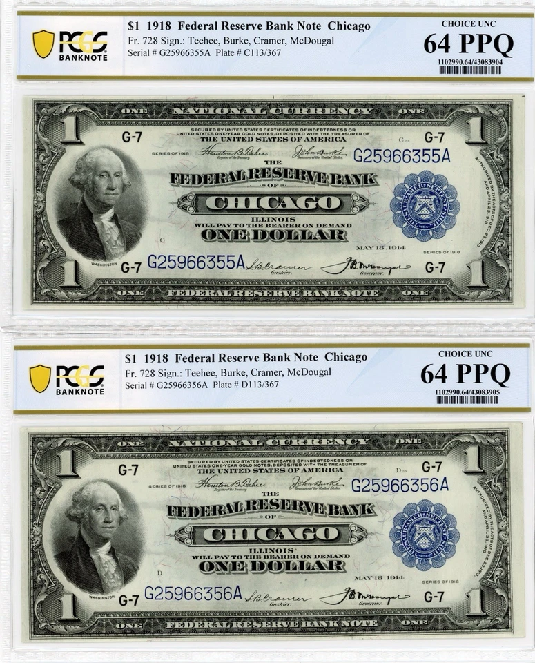 (2) Consecutive 1918 $1 Chicago Federal Reserve Banknotes - PCGS 64 PPQ - Fr.728 - Image 1 of 2