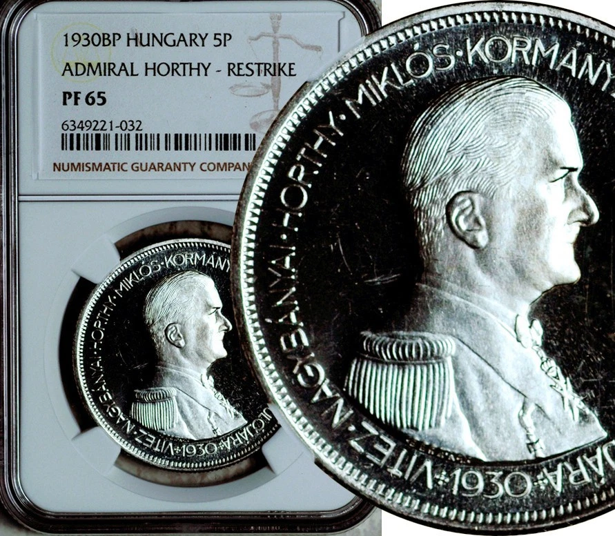 NGC PF-65 HUNGARY SILVER 5 PENGO 1930 (ADMIRAL HORTHY) RESTRIKE - Image 1 of 4
