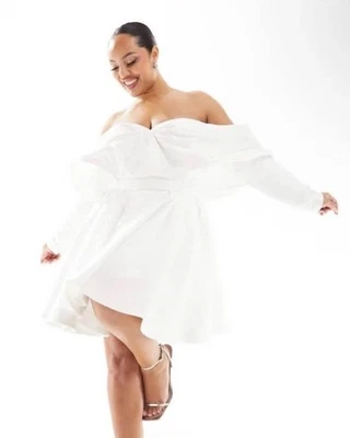 ASOS DESIGN Curve Lila Satin Off Shoulder Mini Wedding Dress Ivory - Image 1 of 4