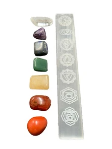 Chakra Symbols Selenite Crystal Charging Plate 7 Pieces Tumbled Crystal Set - Picture 1 of 8