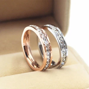 18K Rose Gold/Silver Titanium Steel CZ Band Men's Women's Wedding Ring Size 3-10 - Picture 1 of 9