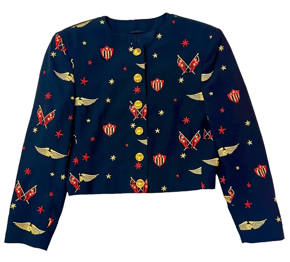 Blazer MONDI cropped tamanho 34 Alemanha pequeno azul marinho asas brasão piloto anos 80 anos 90 vintage - Imagem 1 de 4