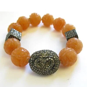 159ct Moon Stone Diamond Carved Bead Oxidized OM Charm Cord Bracelet 925 Silver - Picture 1 of 4