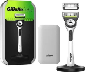 Gillette Labs Exfoliating Razor White Handle, 2 Blade Refills, Travel Case & Sta