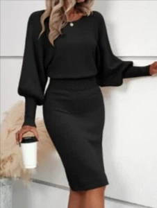 Chic Solid Color Crew Neck Sweater Dress - Elegant Long Sleeve Cinched Waist SzL - Picture 1 of 5