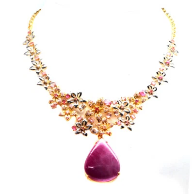 925 Silver 31 x 38 MM. Red Ruby, Topaz, Tourmaline, Sapphire Pendant & Necklace - Image 1 of 4