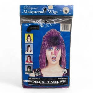 1986 Vintage RUBIE'S COSTUME Deluxe Tinsel Metallic Purple Wig rock & roll NOS - Picture 1 of 4