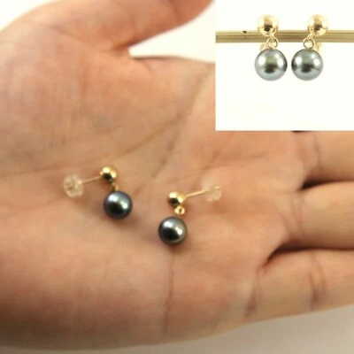 14K Yellow Gold Black Pearl Ball Stud Dangle Earrings - Image 1 of 4