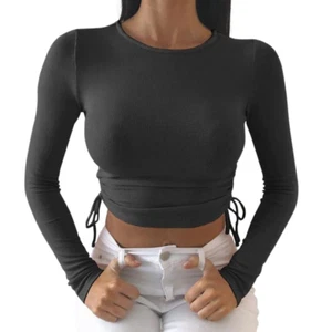 Long Sleeve Women's Crop Top Drawstring Fitness Women's Tee Sexy Slim Yoga Gym - Picture 1 of 36