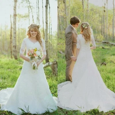 Modest V-Neck Half Sleeve Wedding Dress White Ivory Bridal Gowns Custom Size New - Image 1 of 4