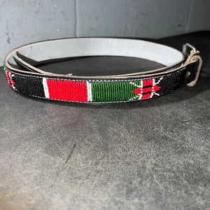 Handmade Beaded Tribal Kenya Maasai Logo Emblem Leather Belt 26-28 Waist - Picture 1 of 7