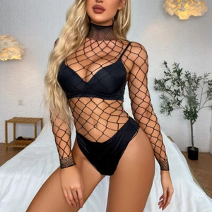 Lencería sexy Fishnet Babydoll para mujer mono manga larga ver a través de la ropa interior - Imagen 1 de 5