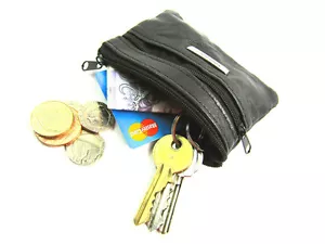 Unisex Black Small Soft Genuine Leather Coin Pouch Key Card Holder Purse Wallet - Picture 1 of 12