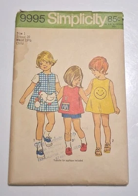 Childs Dress Jumper Top Shorts Simplicity Sewing Pattern 9995 Size 1 Vintage - Image 1 of 3
