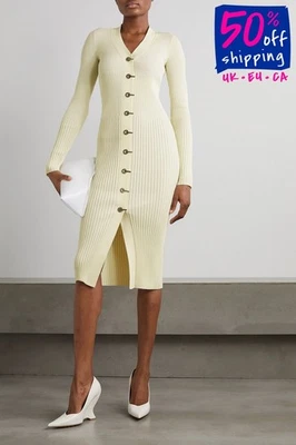 PVP €1010 DION LEE Vestido Cárdigan Midi AU12 US8 IT44 L Marfil Acanalado Tejido Cuello en V Foto 1 de 4