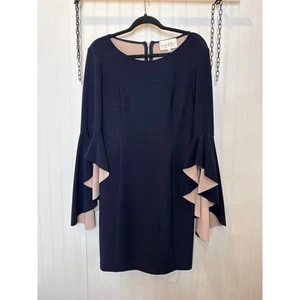 NWT Nicole Miller Mini Sheath Dress Navy Blue & Pink Bell Sleeve Career Size 8 - Picture 1 of 9