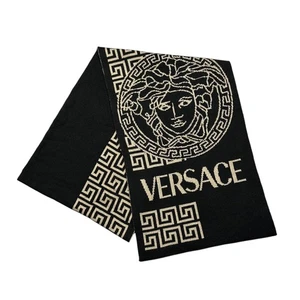 Versace Scarf Black Beige Medusa Greca Key Reversible Wool Knit 72" x 12" - Picture 1 of 7