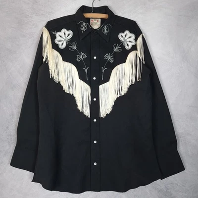 Vintage H Bar C Shirt Mens 16 Black Taos Western Fringe Pearl Snap Sequin 70s - Image 1 of 4