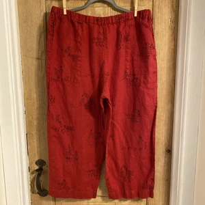 Chico's 100% Linen Red Pull On Crop Wide Leg Pants Sz 3 US L With Birds - Picture 1 of 8