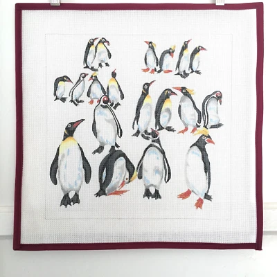 Handpainted Needlepoint Canvas Penguins Black White Family Huddle Beaks 14 Mesh - Image 1 of 2