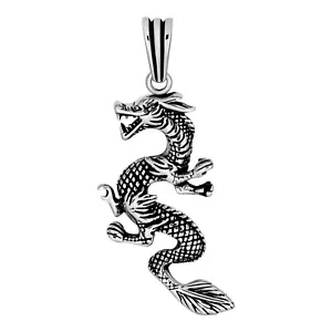 Solid 925 Sterling Silver Chinese Pagan Dragon Mens Pendant - Picture 1 of 7