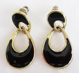 Vintage Gold & Black Enamel Dangle design pole/stick/stud #522 earring - Bild 1 von 2