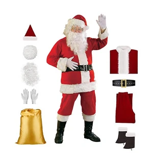 Santa Claus Costume for Men with Beards Complete Santa Suit Velvet Classic 9PCs - Picture 1 of 6