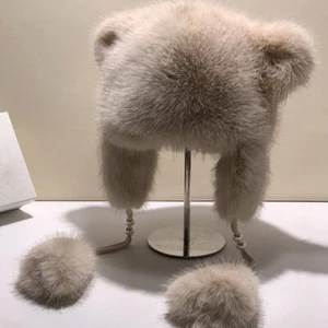 Women Faux Fox Fur Leifeng Hat Cute Warm Ear Flap Hat Furry Hat Thick Inner Cap - Picture 1 of 15