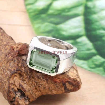 Natural Green Amethyst Gemstone with 925 Sterling Silver Ring for Men's #5490 - Image 1 of 4
