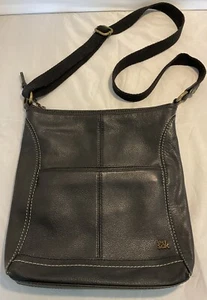 The SAK Iris Black Leather Crossbody Purse Shoulder Bag Adjustable Canvas Strap - Picture 1 of 5