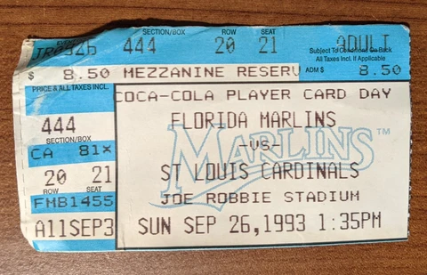 Miami Florida Marlins Ticket Stub 09-26-93 vs Cardinals Joe Robbie Stadium L2 Cover