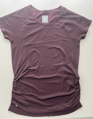 ATHLETA Tee Top Size M Medium Nylon Plum Heather Cabernet Ruched Sides - Image 1 of 4
