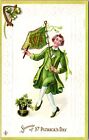 St Patrick Dancing Man Green Suit Flag Top Hat Harp Emboss c1910s postcard H423