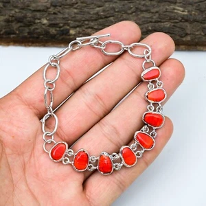 925 Sterling Silver Jewelry Red Coral Electroformed Handmade Chain Bracelet Gift - Picture 1 of 4