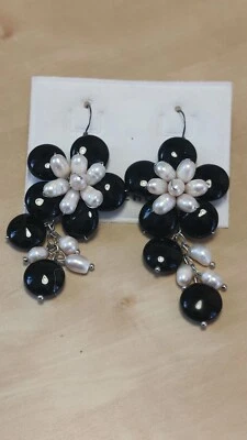 Orecchini Argento 925 Pietre Dure Agata Nera E Perle Di Fiume Bianco E Nero - Immagine 1 di 4