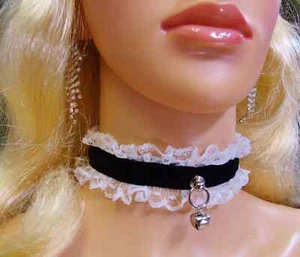 Jede Größe schwarz Samt Halsband weiß Spitze LOCK BDSM ddlg Sissy Bell Leine - Bild 1 von 7