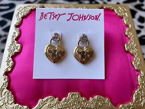 Betsey Johnson Prisoner Of Love Gold Herz Schloss Kristall Ohrstecker - Bild 1 von 2