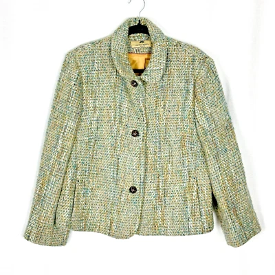 Jaqueta feminina Henry White Irlanda 16 vintage 100% lã forrada tweed azul/amarela - Imagem 1 de 4