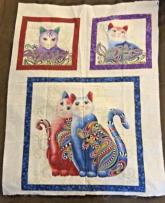 Rainbow Cat I Tude II  Cheater Block 3 Squares Fabric Ann Lauer  Panel Remnant - Image 1 of 4