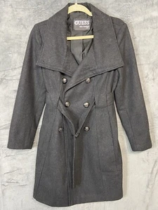 Guess Womens Black Wool Button Down Academia Pea Coat Jacket Y2K Belted Sz Sm - Picture 1 of 11