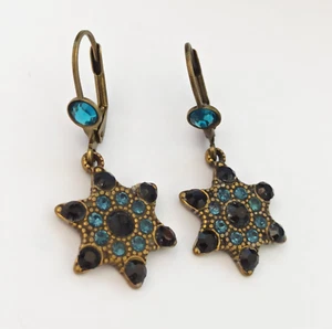 Star of David Blue Earrings Michal Negrin Black Crystal Drop Judaica Deco Israel - Picture 1 of 14