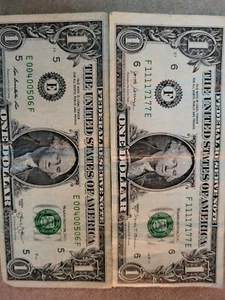 FEDERAL RESERVE NOTES $ 1 BILLS VERY UNIQUE SERIAL NUMBERS FOR BOTH BILLS[2]BILL - Picture 1 of 4