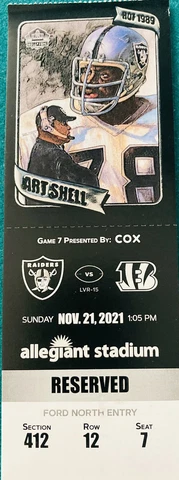 Las Vegas Raiders Ticket Stub vs Cincinnati Bengals Nov 21 2021 HOF Art Shell Cover