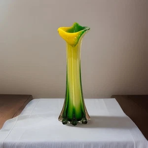 Vintage Jack In The Pulpit Hand Blown Green & Yellow Calla Lily Vase 12" - Picture 1 of 14