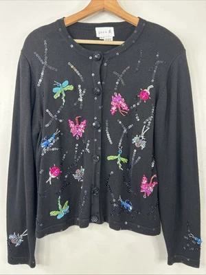 Just B Women’s Size L Black Multicolor Beaded Butterfly Dragonfly  Sweater - Image 1 of 4