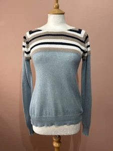 English Weather Blue Cashmere Blend Crochet Trim Jumper Label Size M UK 10 - Picture 1 of 5